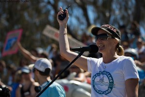 Natalie Banks rallying the troops at the Feb 4th Cottesloe protest.